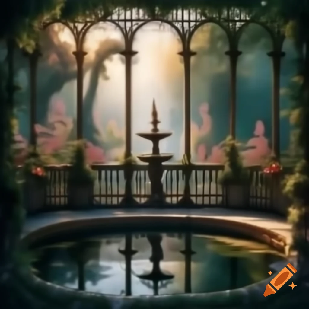 Victorian garden balcony with pond, tall rococo windows, and waterfall