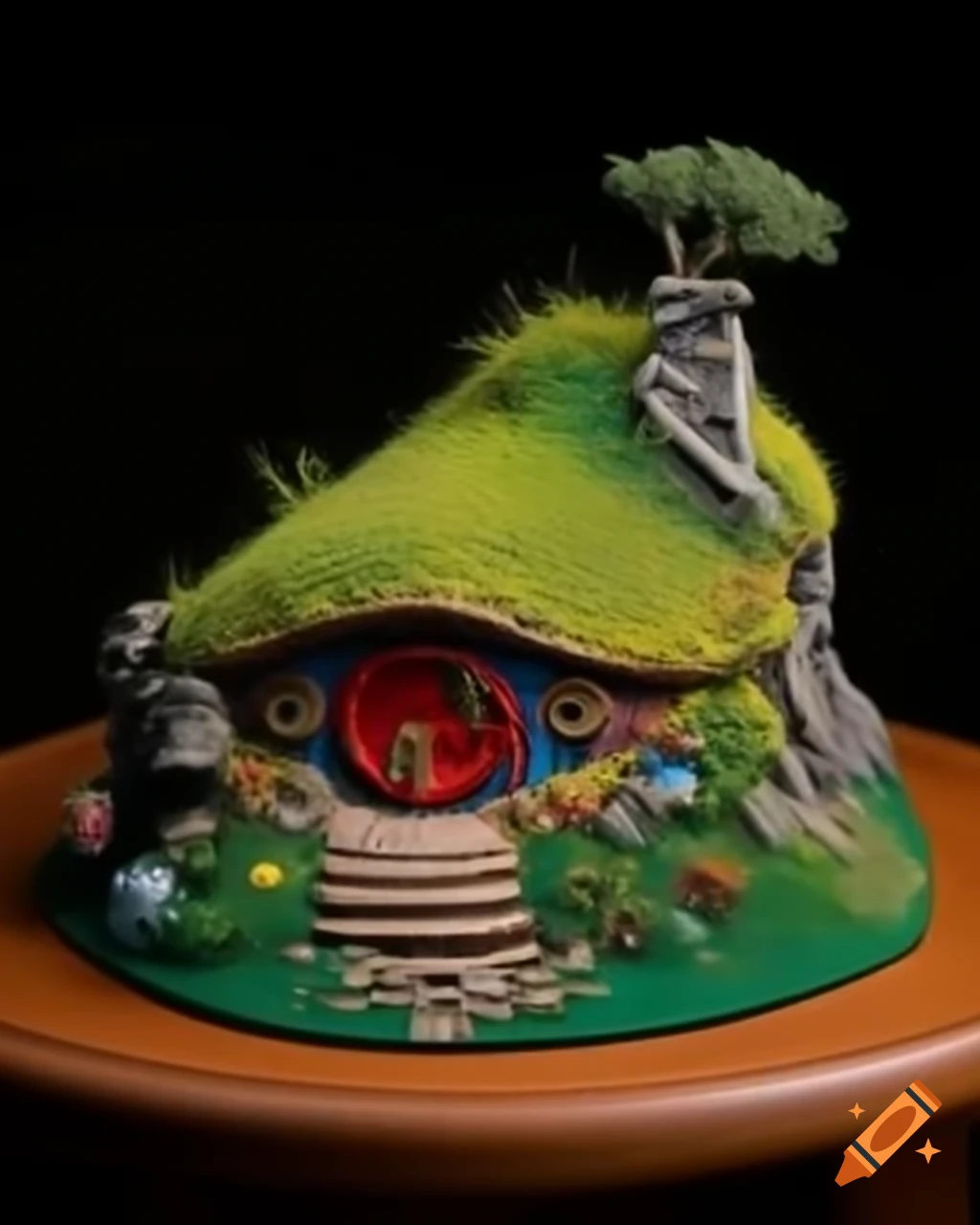 Cozy miniature hobbit house on a table, detailed diorama photography