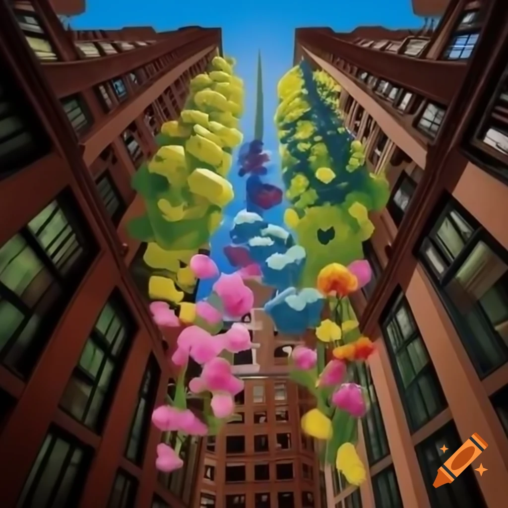 Colorful angel trumpet flowers growing from buildings in Queens, New York, Salvador Dali style