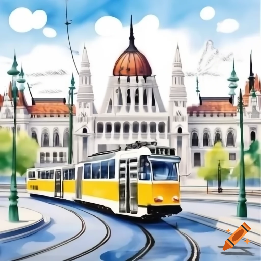Watercolor artwork of Budapest yellow tram by Parliament building