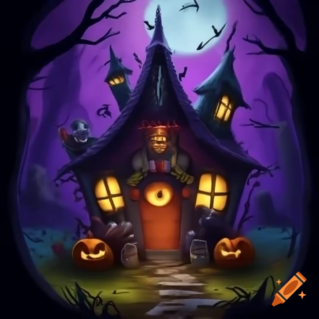 Halloween-themed monster house with spooky decorations