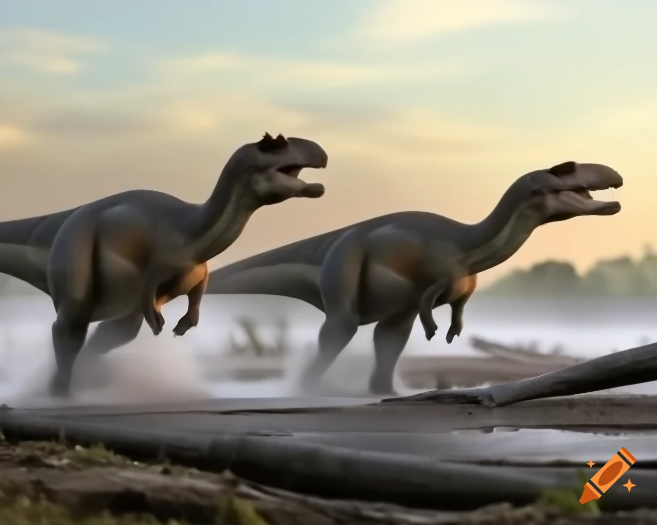 Hadrosaurus trio walking on mudflat with driftwood in warm morning light