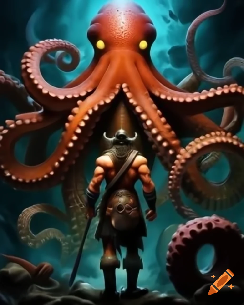 Conan the Barbarian confronting giant octopus in oil paint style