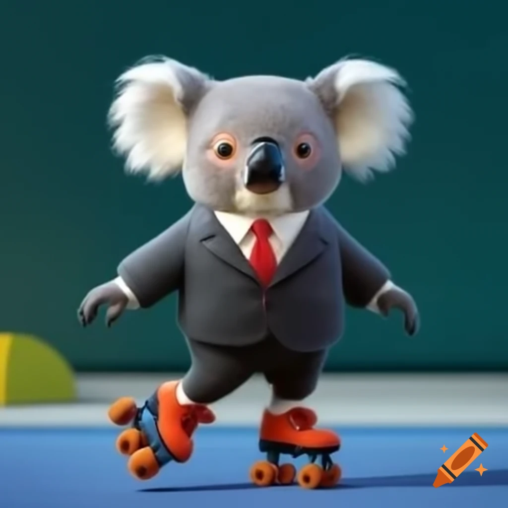 Young koala in a suit on roller skates