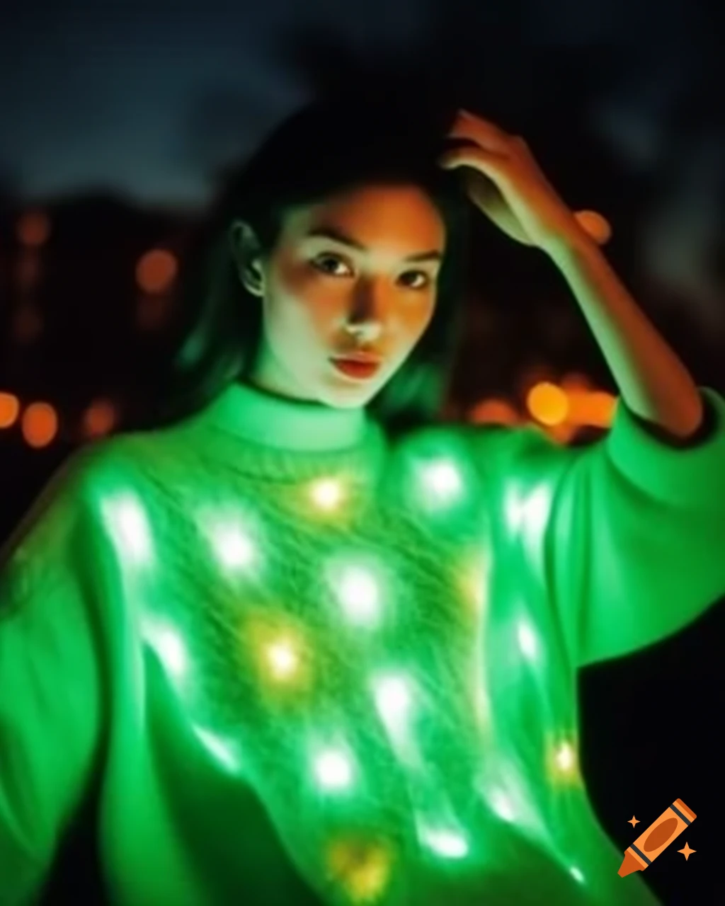 Woman in LED sweater showcasing modern fashion