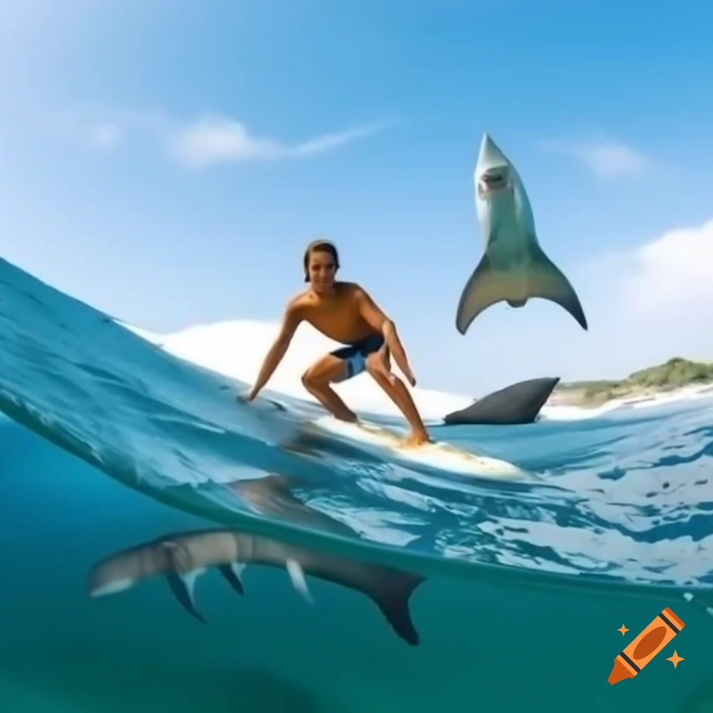 Young man surfing next to UK coast while shark approaches