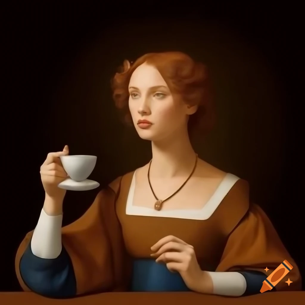 Renaissance portrait of a woman holding a cup of tea
