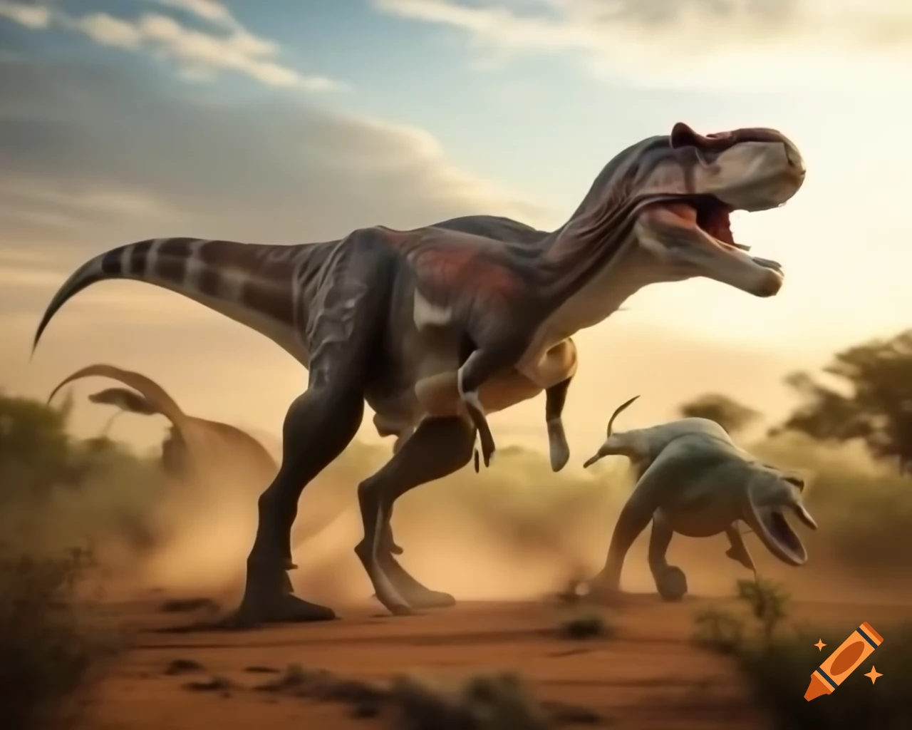 Cinnamon-striped carnotaurus chasing smaller dinosaur in outback landscape during golden hour
