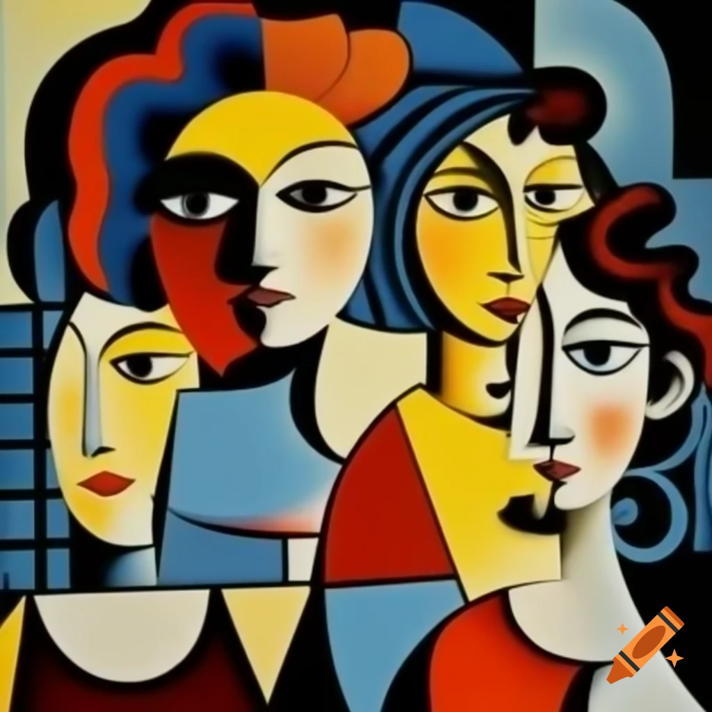 Cubist women painting inspired by Norman Rockwell and Paul Klee