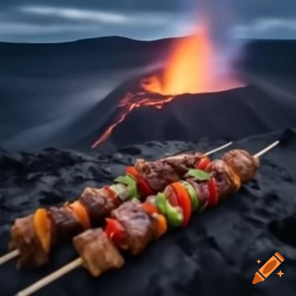 Shish kebab grilling in the crater of a volcano