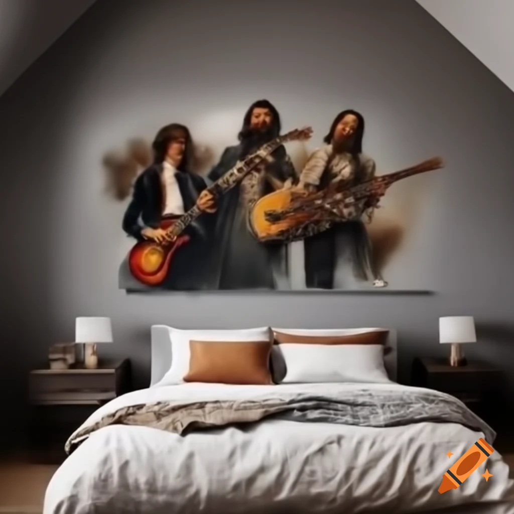 Bedroom with mural of guitarists on sloped ceiling