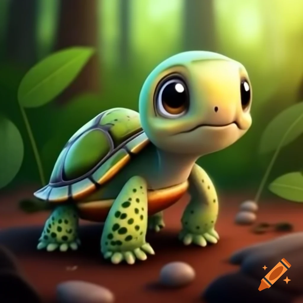 Adorable turtle in mythical forest setting