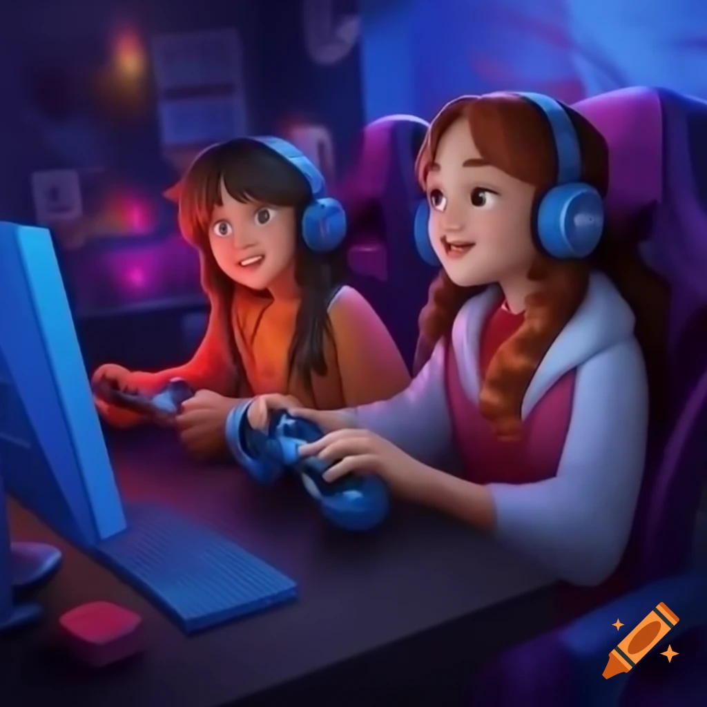 Two girls enjoying video games together