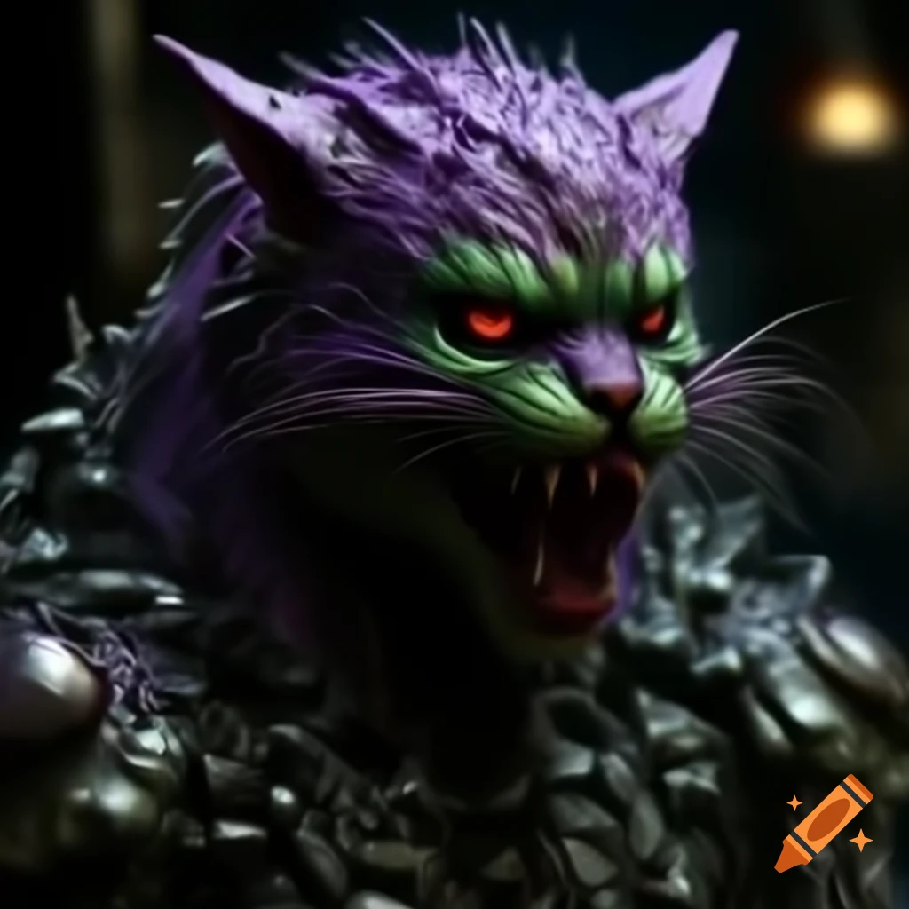 Detailed purple punk creature, half-cat half-monster with metal teeth, hunting in horror theme
