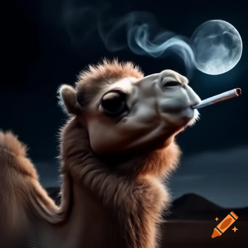 Camel in moonlight with smoke, surreal scene