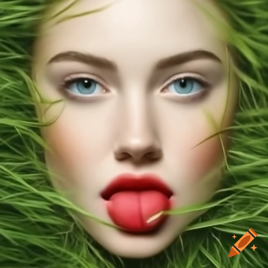 Artistic representation of a face with red lips emerging from grass