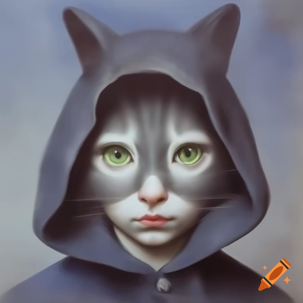 Surreal mezzotint of cat-head girl in hood, watercolor style, Renaissance influence