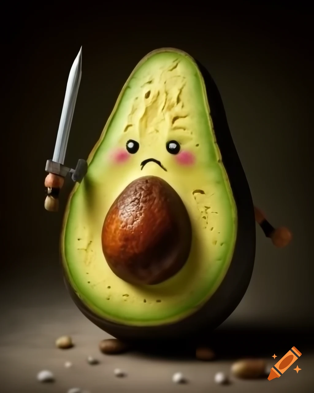 Hyper realistic kawaii warrior avocado with sword and angry expression