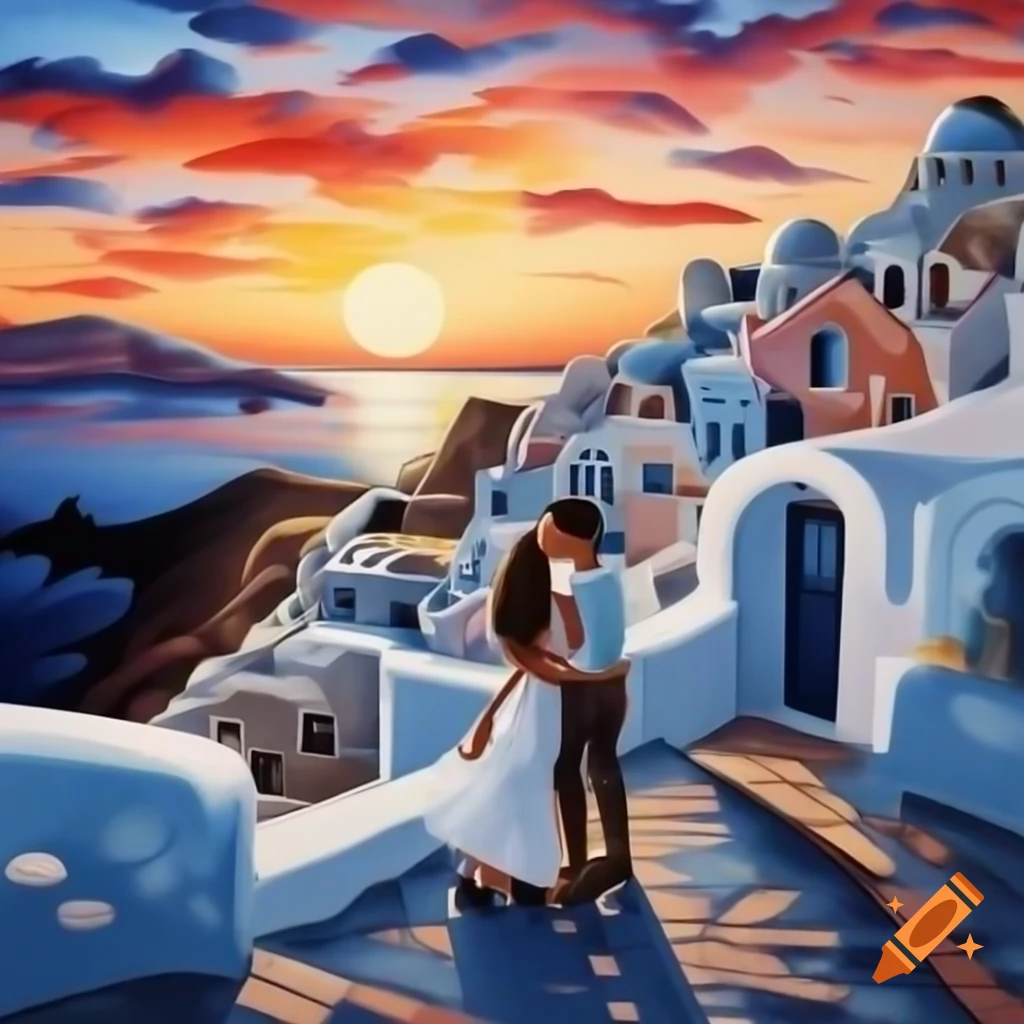 Couple kissing at Santorini sunset in painting