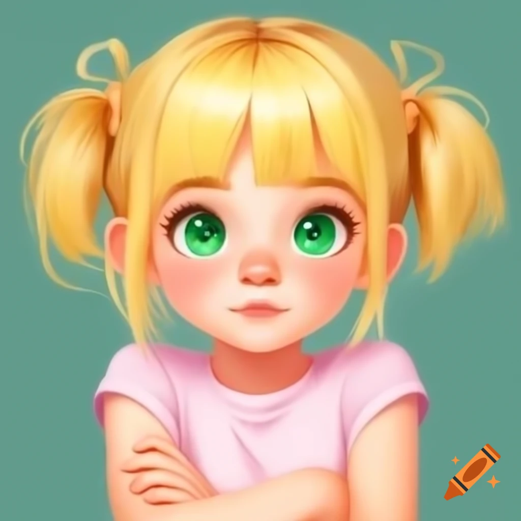 Anime girl with blonde hair and emerald green eyes wearing pink sleeveless t-shirt
