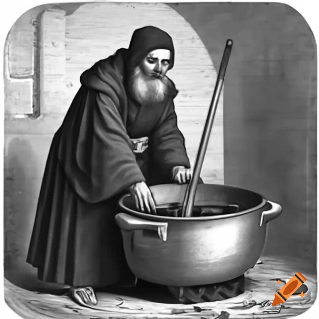 Victorian engraving of bearded monk cooking jam in monastery