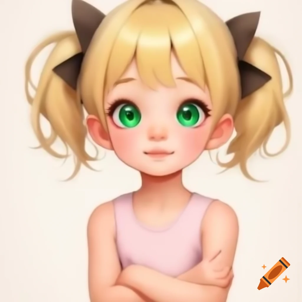 Anime girl with blonde hair and emerald green eyes wearing pink sleeveless t-shirt