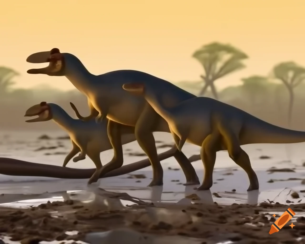 Hadrosaurus trio walking on mudflat with driftwood in warm morning light