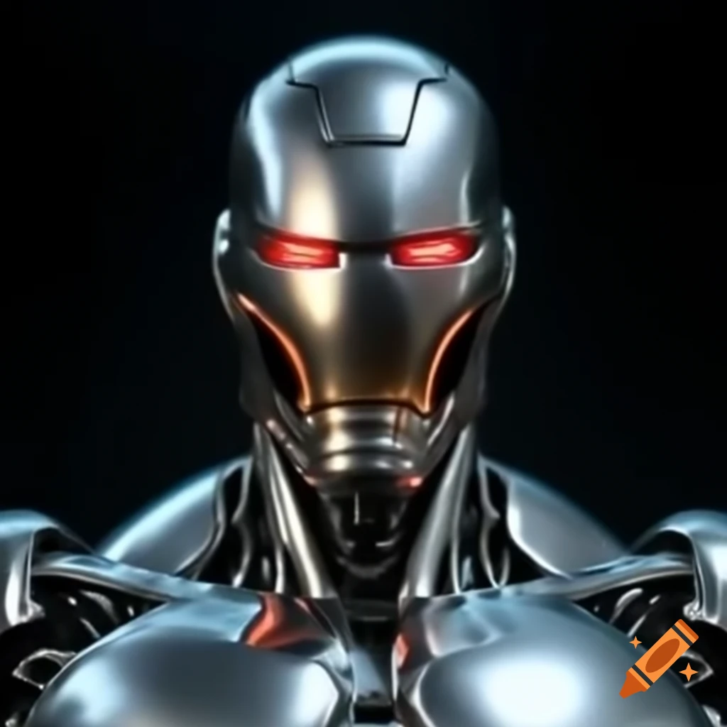 Shiny silver Ultron with glowing red eyes and open mouth