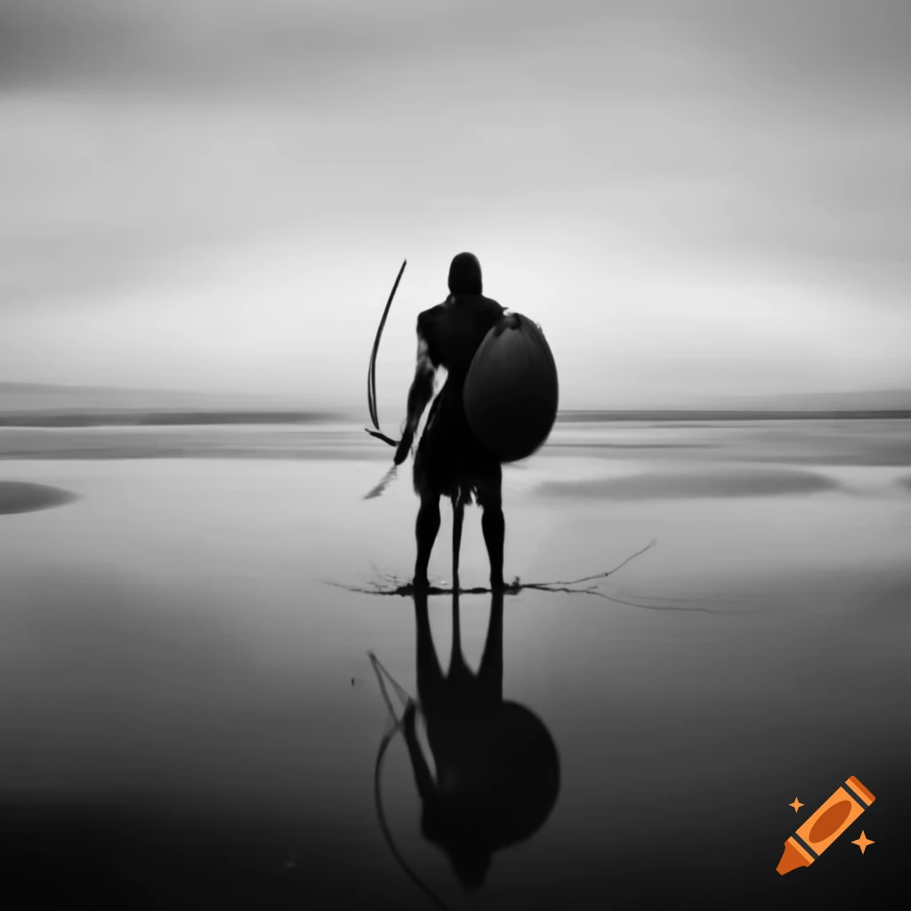 Warrior with buckler standing alone on beach