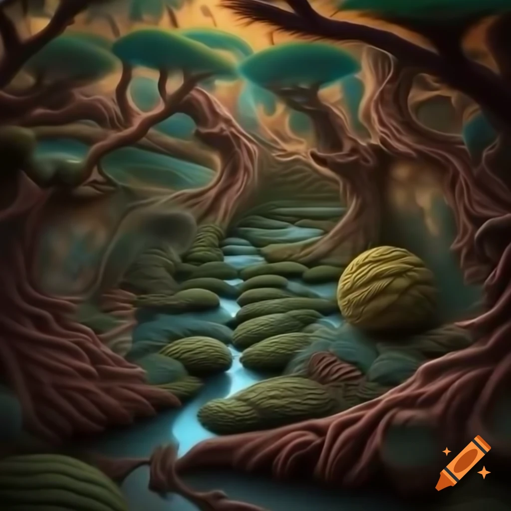 Surrealist nature landscape forest with fractal patterns and bright colors