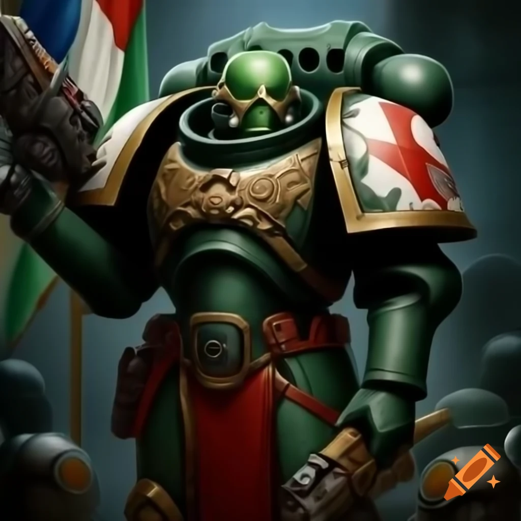Powerful space marine in Hungarian flag colored futuristic armor
