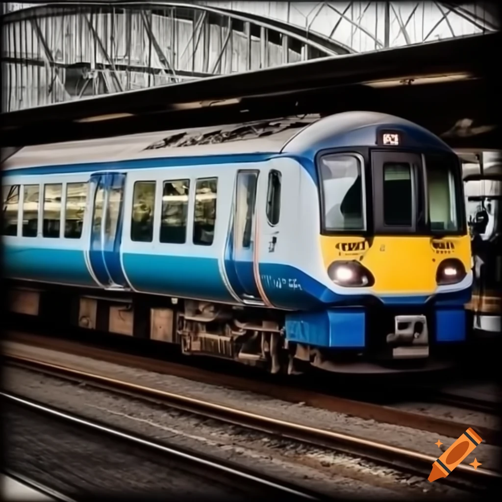 Light blue gray train at station ready to depart with cross on front