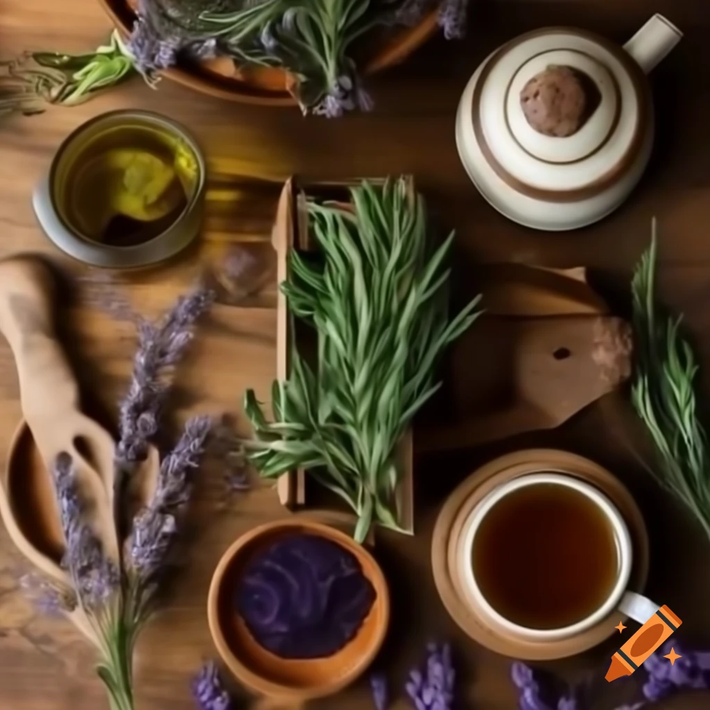 Rustic wooden table with fresh herbs and vintage apothecary jar
