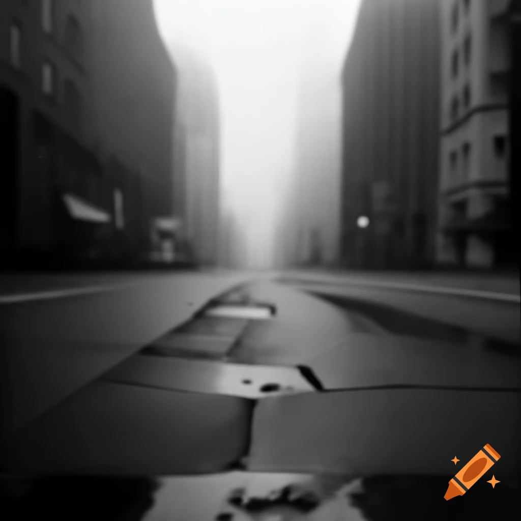 Foggy city street in black and white with cow excrements