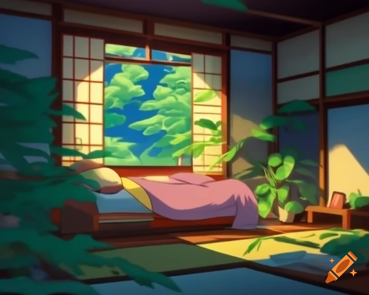 Ukiyo-e illustration of cozy bedroom filled with plants and greenery, dramatic anime lighting