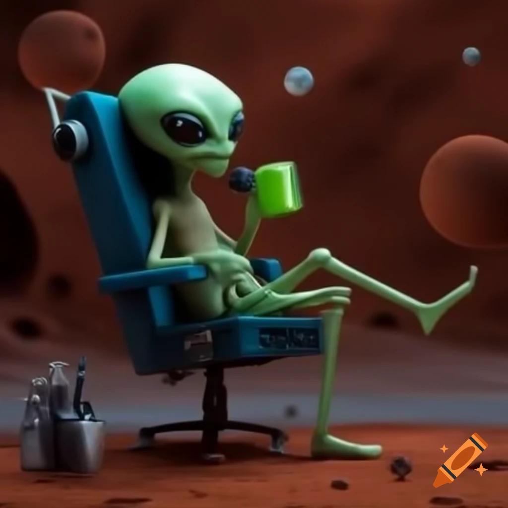 Alien sitting on chair drinking green radioactive water on Mars