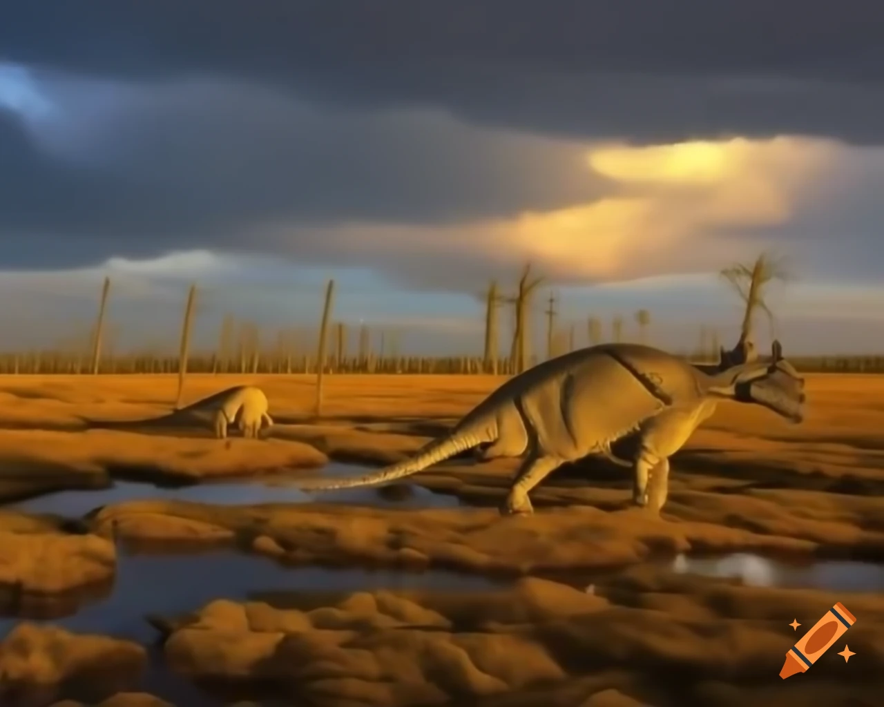 Styracosaurus crossing marshland with dead trees in British Columbia, golden afternoon light
