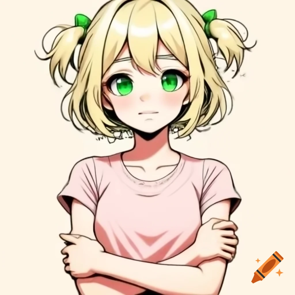 Anime girl with blonde hair and green eyes wearing a pink sleeveless t-shirt