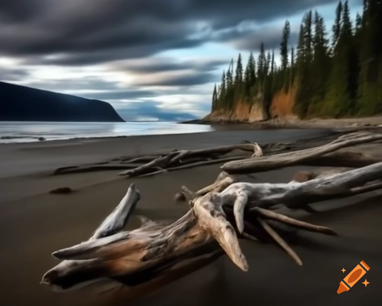 Diplodocus walking along coast with driftwood and forested cliffs in British Columbia