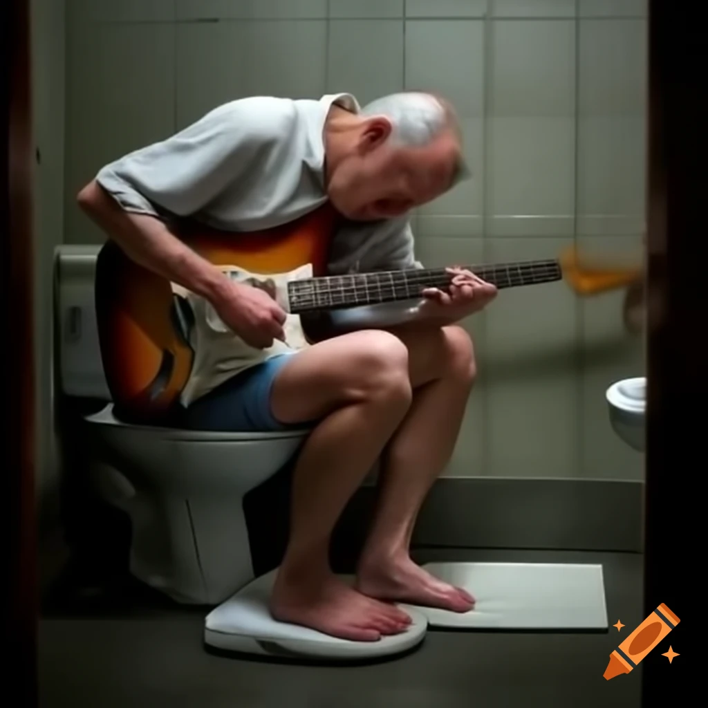 Middle aged man playing guitar solo in bathroom, foot on toilet seat, sweaty and upset