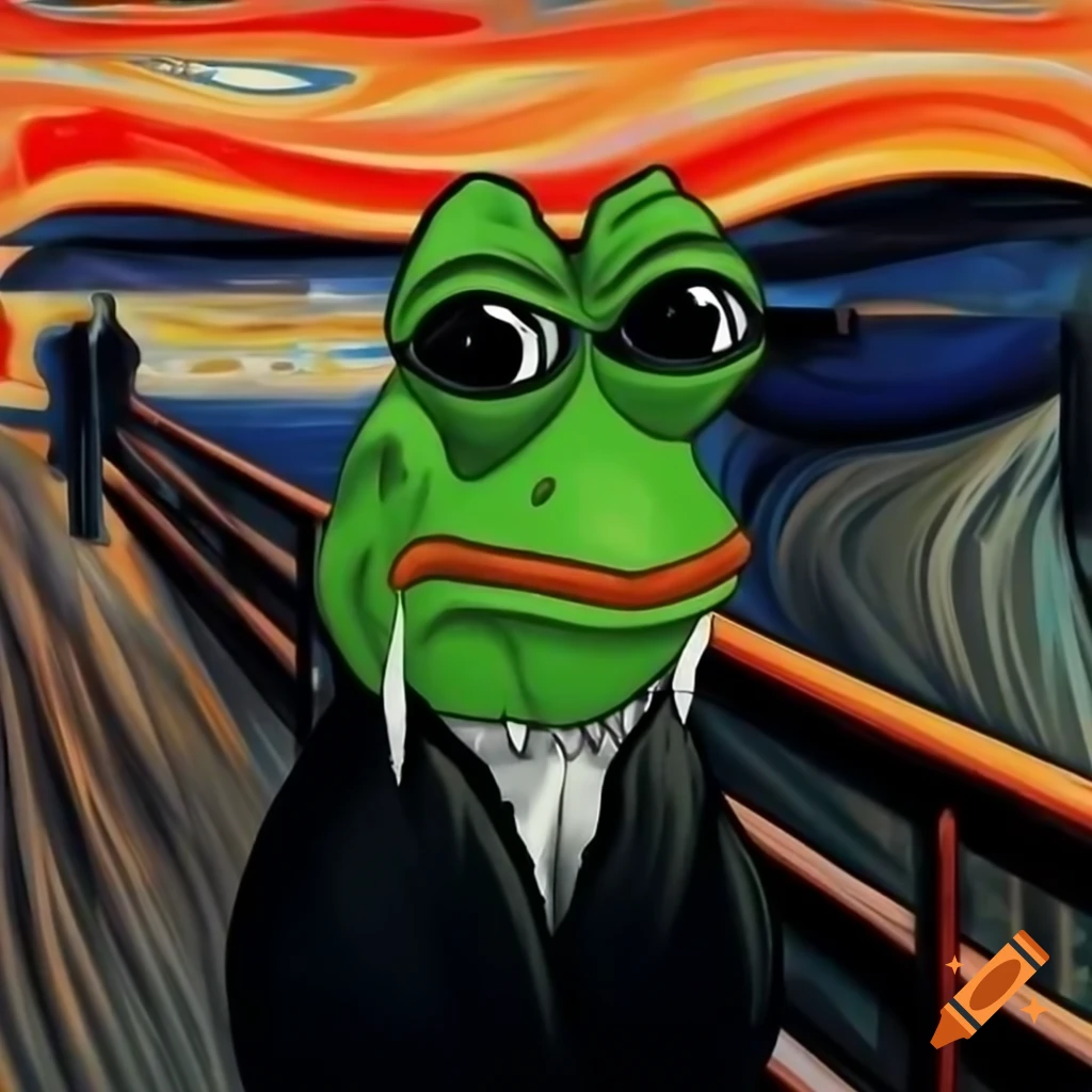 Frog with wide eyes and fearful expression inspired by Munch's The Scream