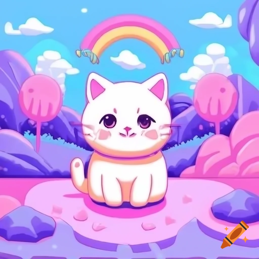 Cute girly kitten in pink and purple themed anime cartoon style
