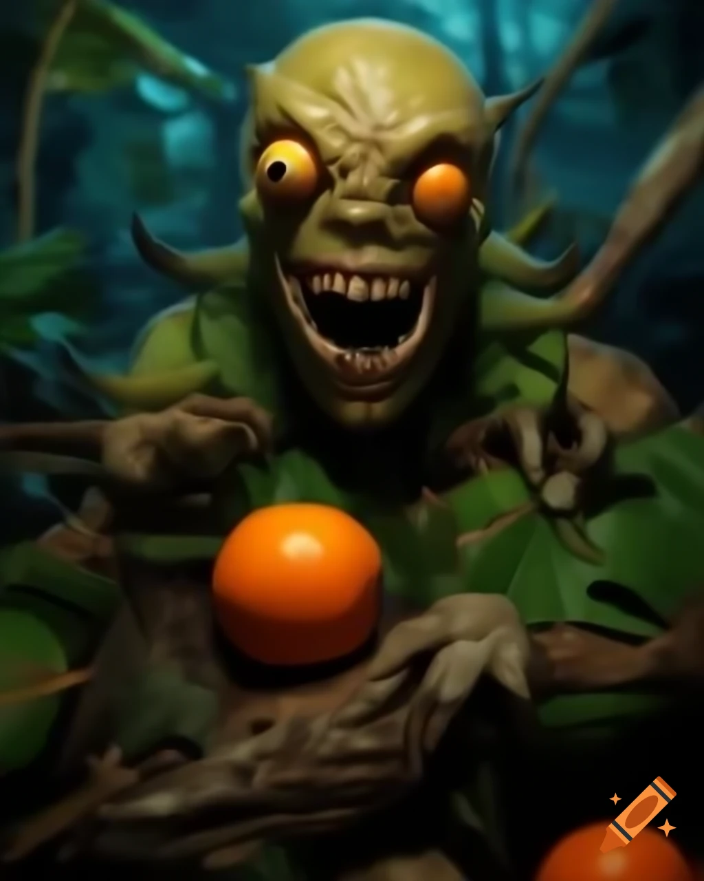 Hauntingly beautiful decay of a rotten orange fruit tree monster