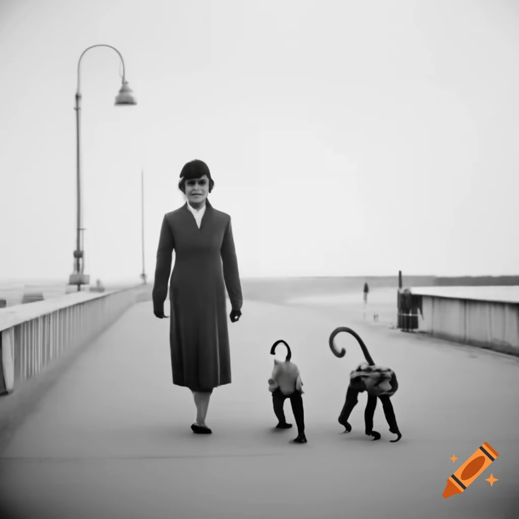 Hylda Baker strolling on seaside promenade with two pet monkeys