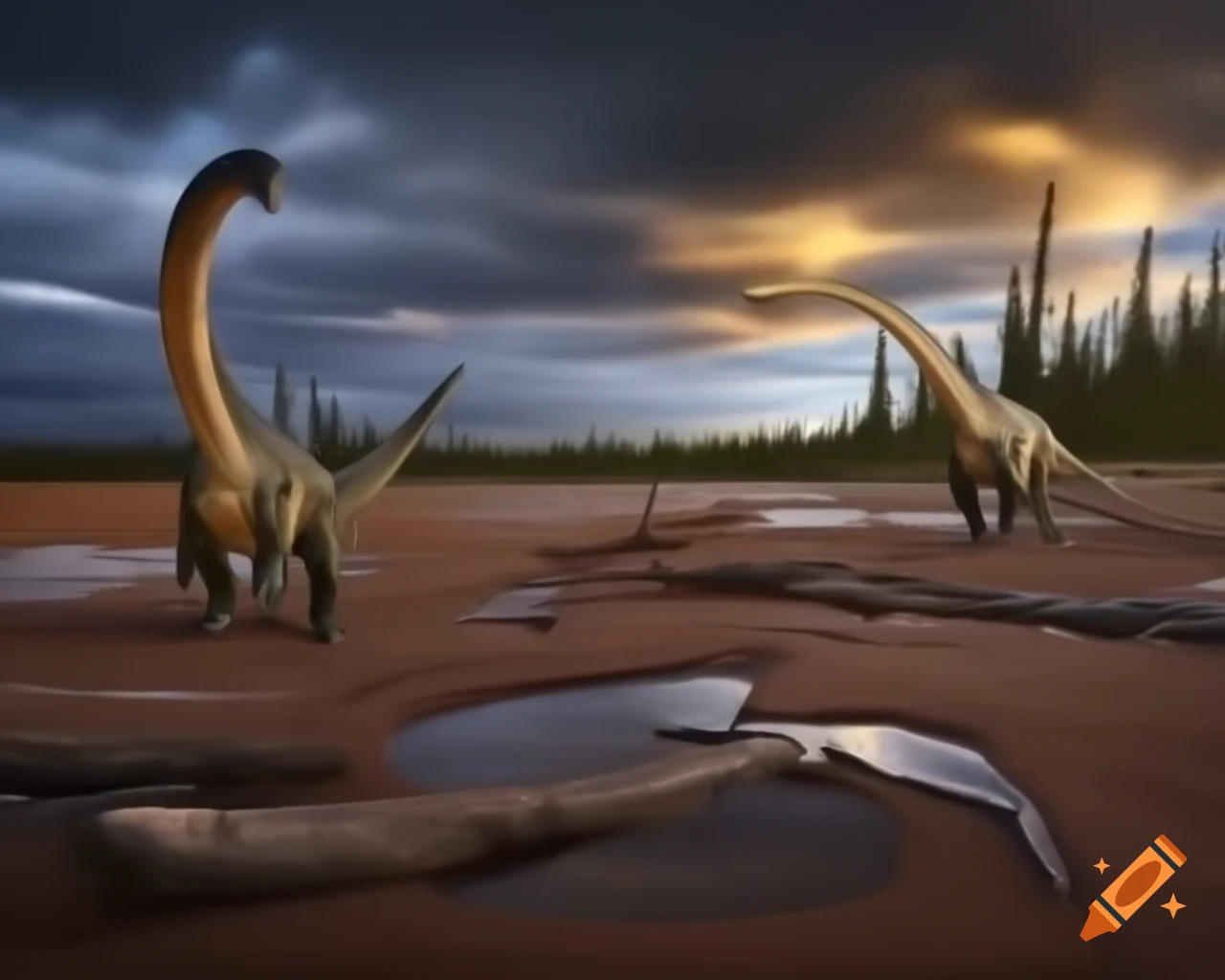Cinnamon and grey striped Iguanodon dinosaurs crossing mudflat with driftwood in British Columbia at golden hour
