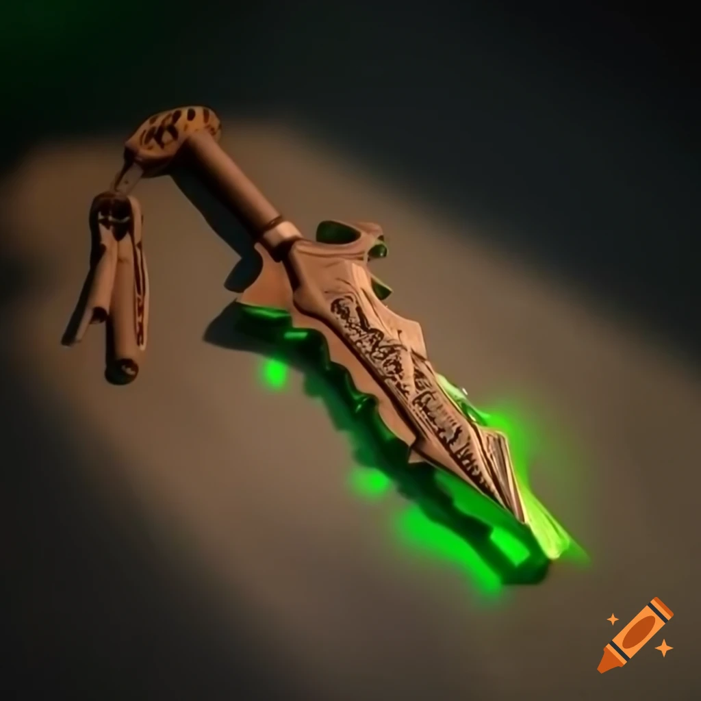 Multi-layered wooden Keyblade with green glowing string