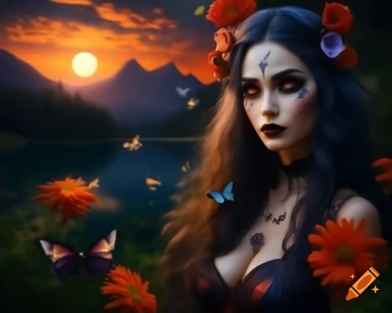 Hyperrealistic Gothic woman with flowers and butterflies in her hair, deep eyes and freckles