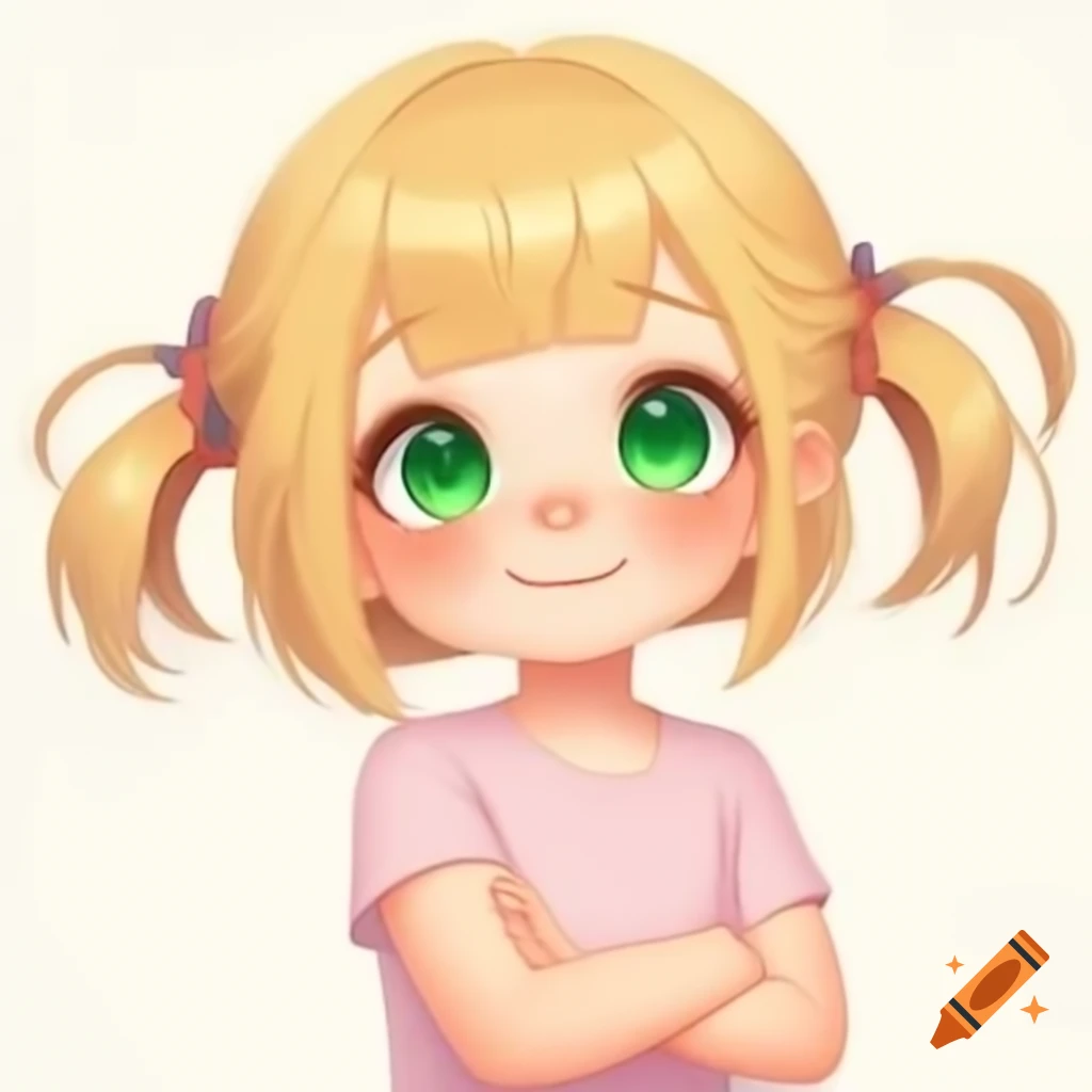 Anime girl with blonde hair and green eyes wearing a pink sleeveless t-shirt