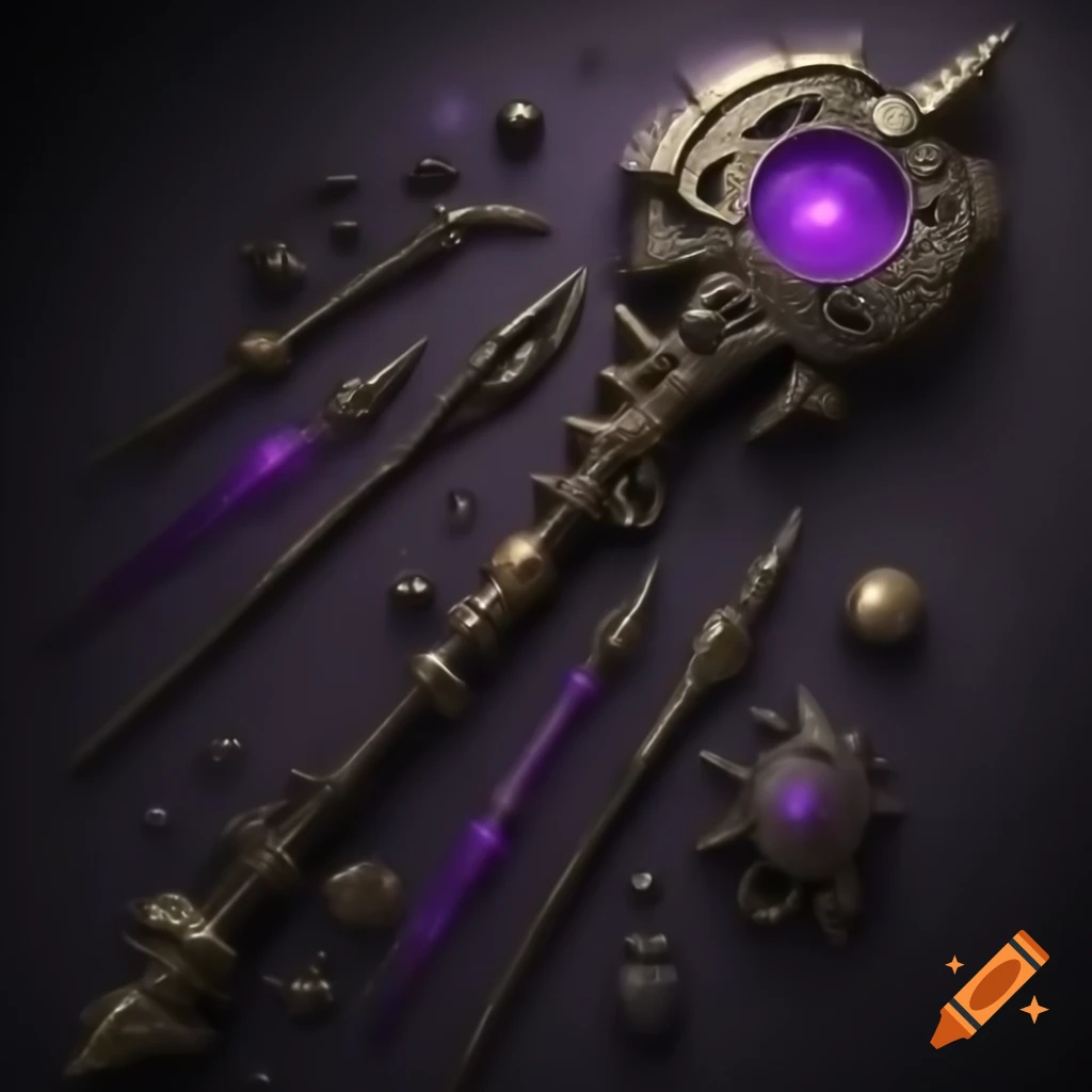 Steampunk magic powered combat staff concept in dark purple