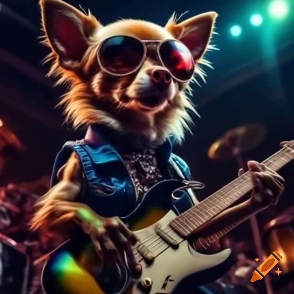 Eldritch Chihuahua inspired by Cthulhu mythos playing rock guitar in dynamic pose